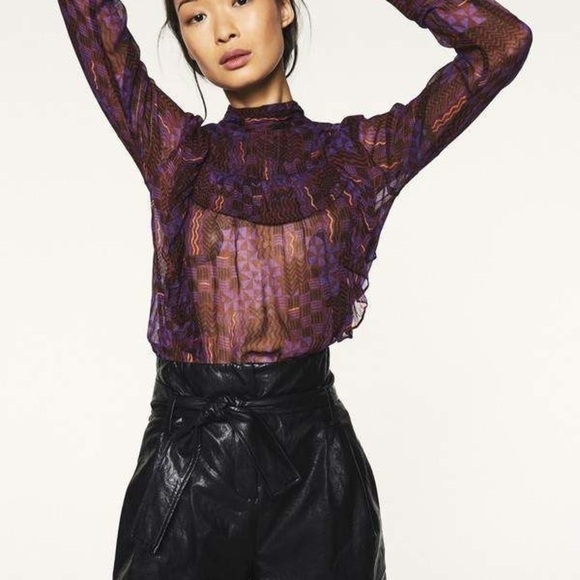 ba&sh / Mia Sheer Ruffled geometric purple silk Top M - Picture 10 of 10